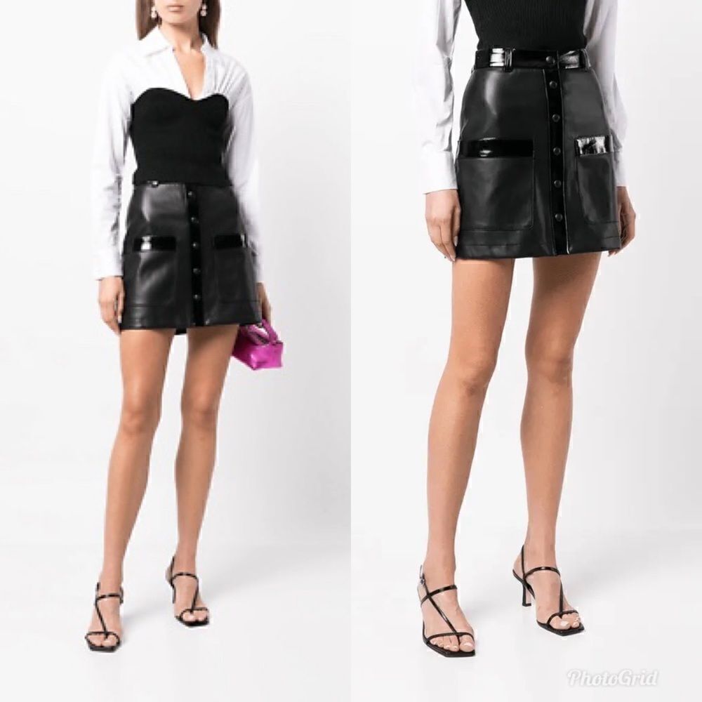 Revolve STAUD Paper Faux Leather Black Button Front Mini Skirt Size 2